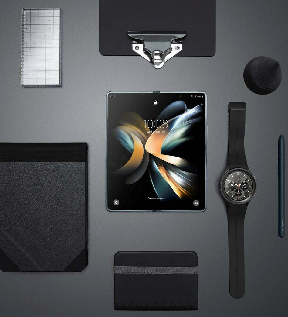 Samsung Galaxy Z-Fold Android Phone shown with accessories.